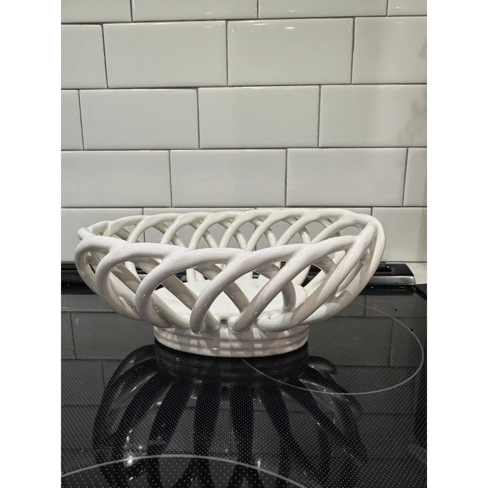 Vintage White Oval Woven Latticed Ceramic Fruit Basket 9inch Long.